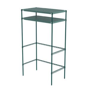 The Metro CR244274PRH2 Super Erecta Pro Storage Station is a green, two-tiered metal rack with wire mesh design. It measures 24 x 42 x 74, includes four slim legs and two perforated shelves, ideal for organizing or storing items efficiently.