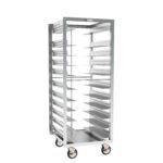A tall, empty metal rack on wheels measures 24.375 x 26 x 64.5, featuring adjustable pan stops for easy tray access on both sides and fits the Metro RF78NA120 Roll-In Refrigerator perfectly, ideal for commercial kitchens.