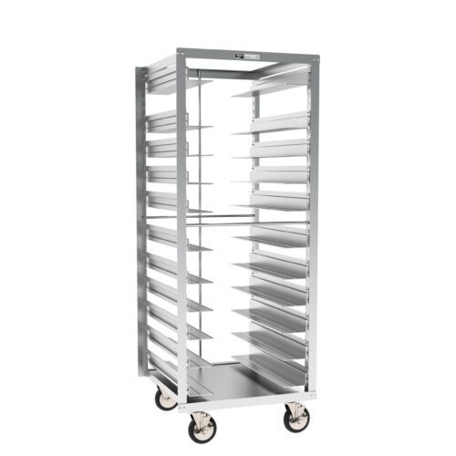 A tall, empty metal rack on wheels measures 24.375 x 26 x 64.5, featuring adjustable pan stops for easy tray access on both sides and fits the Metro RF78NA120 Roll-In Refrigerator perfectly, ideal for commercial kitchens.