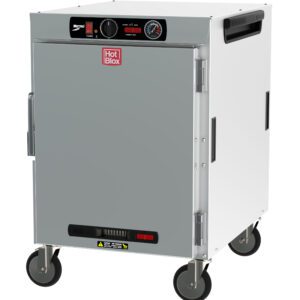 The Metro HBCW8-AS-M HotBlox is a wide 8-pan insulated mobile holding cabinet with a solid door and analog controller. It features a stainless steel exterior, operates at 875W/60Hz, includes a NEMA 5-15P plug, has four caster wheels for mobility, and displays the red Hot Blox logo.