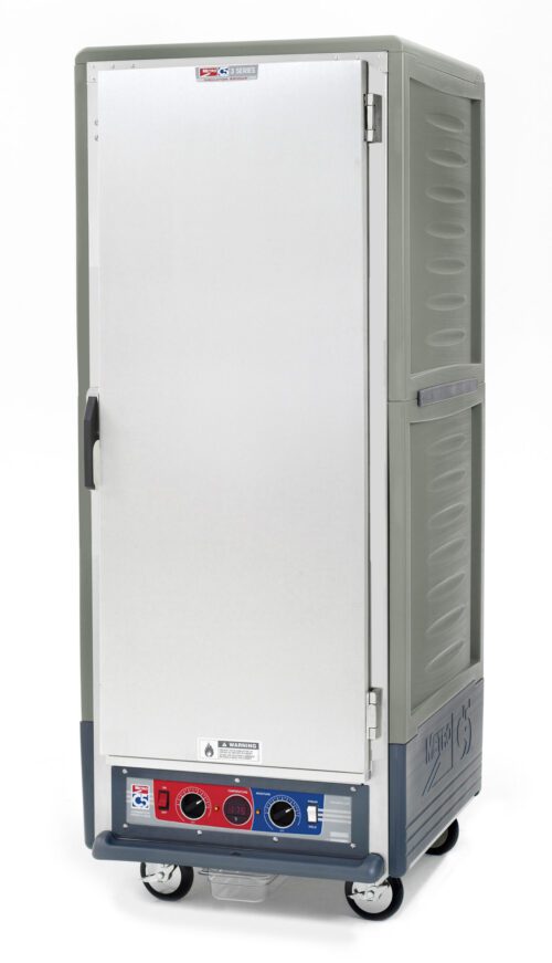 The Metro C539-CXFS-U-GYA is a tall, gray insulated holding/proofing cabinet featuring a full-length solid door and sturdy handle. It includes universal wire slides, wheels for mobility, and a bottom control panel with two dials and indicator lights.