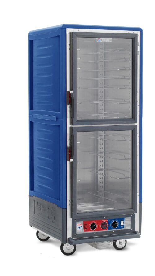 The Metro C539-CXDC-U-BUA is a tall, blue insulated holding/proofing cabinet with Dutch clear doors and universal wire slides. It operates on 220-240V for precise temperature control and is ideal for food transport or storage.