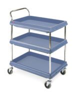 The Metro BC2636-3DMB Deep Ledge 3-Shelf Utility Cart, in serene blue and sized 26 x 36, features a metal handle, four swivel casters, raised-edge shelves for item security, and microban protection for longevity.
