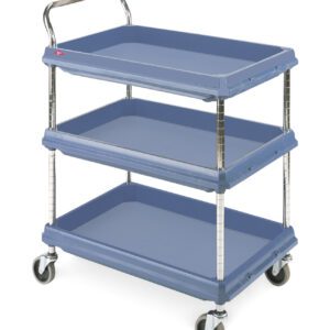 The Metro BC2636-3DMB Deep Ledge 3-Shelf Utility Cart, in serene blue and sized 26 x 36, features a metal handle, four swivel casters, raised-edge shelves for item security, and microban protection for longevity.