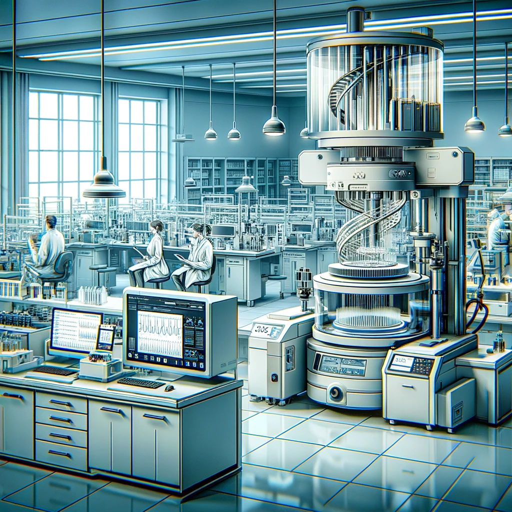 In a cutting-edge setting for setting up a laboratory, advanced equipment surrounds the futuristic space, centered around a large DNA helix machine. Scientists immersed in research occupy sleek desks while monitors showcase complex data in the brightly lit, high-tech ambiance.