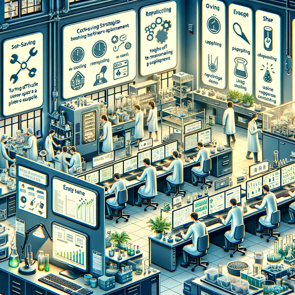 In a futuristic setting for establishing a laboratory, scientists in white coats work with advanced computers and lab equipment. Walls feature cost-saving, recycling, and energy efficiency strategies. The space is meticulously organized with glowing screens and cutting-edge technology.
