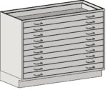 Illustration of an Eagle MHC Base Unit, featuring a rectangular gray design with 10 drawers, each with a curved handle, ideal for storing large documents or blueprints at standing height. Dimensions: 22x36.