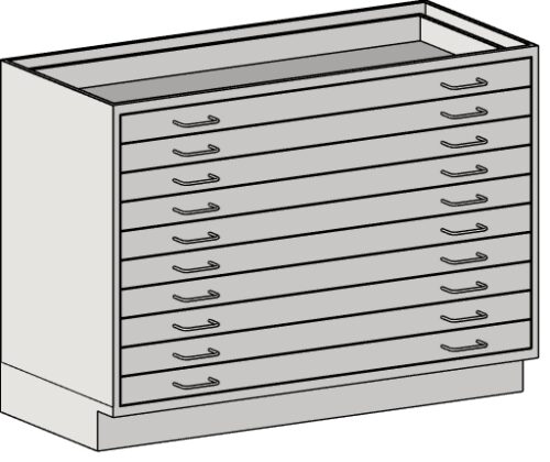 Illustration of an Eagle MHC Base Unit, featuring a rectangular gray design with 10 drawers, each with a curved handle, ideal for storing large documents or blueprints at standing height. Dimensions: 22x36.