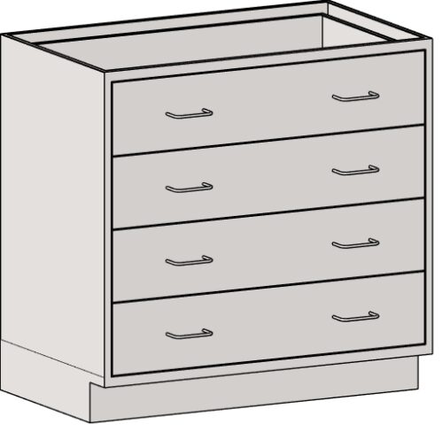 Illustration of the Eagle MHC Base Unit in a minimalist design. This 22X30 model features seven drawers with straight handles, an open-top light gray finish, and a sturdy base for stability and style.