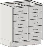 Illustration of an Eagle MHC Base Unit featuring a gray, standing height 22X30 double-column cabinet with ten drawers, each with a curved handle. The unit has an open framework and no top surface.