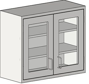 Showcase the Eagle MHC Wall Cabinet with a sleek, modern gray design. It features two glass-insert doors and metal handles, offering ample display space on three shelves. Measuring 13X30 inches, it fits effortlessly into any contemporary setting.