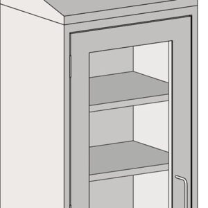 Illustration of the Eagle MHC Wall Cabinet with a left hinged door and glass insert, showing two 13x18 shelves. It features a sloped top and metallic handle on the right.