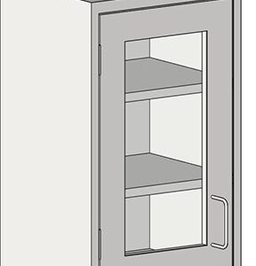 Illustration of an Eagle MHC Wall Cabinet (Lh Door) in gray featuring a glass insert with a 13X18 panel, two interior shelves, and a metal handle on the right.