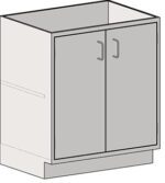 Illustration of the Eagle MHC Base Unit, a simple rectangular gray floor cabinet with 2 doors and metal handles, measuring 22x30 inches. Suitable for kitchen or bathroom use, it stands at an ideal height and does not include a countertop.