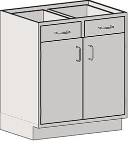 The Eagle MHC Base Unit, Door_Drawer, Standing Ht, 22X30 illustration shows a front view of an unassembled kitchen cabinet with two drawers above double doors. It features simple handles and excludes a countertop or shelves.