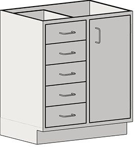 The Eagle MHC Base Unit, 22X30, features a white cabinet with four left-side drawers with metal handles and an Rh Door_Drawer on the right with a vertical handle. The Stand Ht unit is shown without a countertop, revealing an open top.