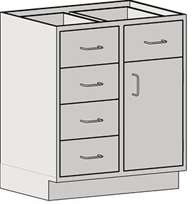 The Eagle MHC Base Unit, Rh Door_Drawer, Stand Ht, 22X30 is a gray cabinet with five left-side drawers and a right-hinged door. Each has curved metal handles, and the open top can accommodate a countertop or sink.