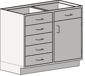 Illustration of the Eagle MHC Base Unit, with a right-hand door and six drawers on the left. Measuring 22x30 in a gray finish, it features a Stand Ht design leaving the top open without a countertop. Handles are visible on each drawer and the door.