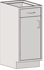 The Eagle MHC Base Unit, Lh Door, Standing Ht, 22X18 is a light-finished kitchen or bathroom cabinet with metal handles, featuring one drawer and one door. Its convenient standing height and floor placement dimensions of 22X18 make it an ideal choice for your space.