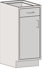 The Eagle MHC Base Unit, Lh Door, Standing Ht, 22X18 is a light-finished kitchen or bathroom cabinet with metal handles, featuring one drawer and one door. Its convenient standing height and floor placement dimensions of 22X18 make it an ideal choice for your space.