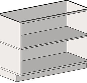 This is an illustration of the Eagle MHC Base Unit, a white rectangular 22x30 inch display cabinet with transparent glass panels, featuring two shelves and an open-front design. Its shown from an angled perspective to highlight its depth.