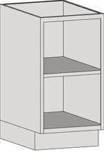 The illustration shows a simple gray rectangular cabinet like the Eagle MHC Sink Base Unit, Open, Stand Ht, 22X18. It has two shelves—one in the middle and one at the bottom—with darker gray outlines emphasizing its boxy shape.