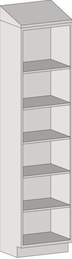 Illustration of the Eagle MHC Tall Case, a five-shelf bookcase in light gray with a slope top. The design is simple with an open front and evenly spaced shelves perfect for storage. Dimensions: 18X24.