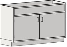 This illustration showcases the Eagle MHC Sink Base Unit, 22X30. The simple grey cabinet features a top drawer and two doors with sleek metal handles. Its minimalistic design exudes quiet elegance against the plain white background.