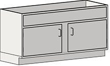 The Eagle MHC Sink Base Unit is a rectangular, gray kitchen cabinet with two doors and a top drawer. It features simple handles, a recessed base, and is depicted in 3D. Its dimensions are Stand Ht, 22x56.