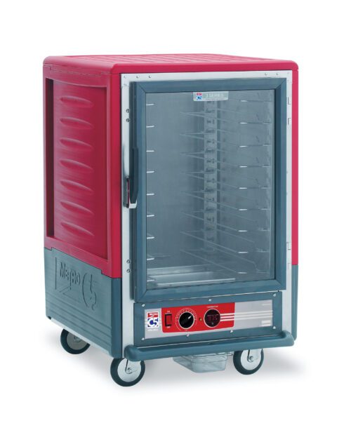 The Metro C535-HXFC-UA C5 3 Series is a red 1/2 height insulated holding cabinet with a full-length clear door and universal wire slides. It has four wheels, operates at 220-240V, 50/60Hz, and has bottom front control knobs for easy mobility.