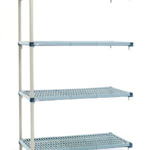 The MetroMax Q MQ-243674G-A-4 features four shelves supported by vertical metal poles, measuring 24 x 36 x 74. Note: Actual dimensions may vary.