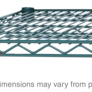 The Metro Super Adjustable Super Erecta A2148NK3 Industrial Wire Shelf in Metroseal Green Epoxy (21 x 48) is a blue metal unit with horizontal bars, a red triangular side logo, and a corner hook. Note: Actual dimensions may vary from product shown.