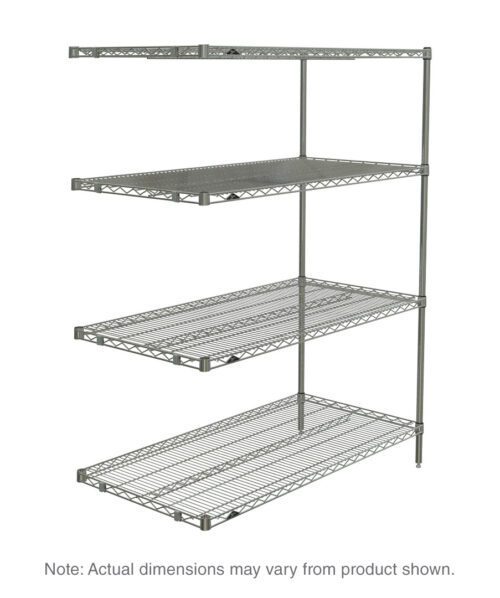 The Metro AN316C chrome wire shelving add-on unit measures 18 x 24 x 63, with four adjustable shelves supported by vertical rods for versatile storage. Note: Actual dimensions may vary from the product shown.