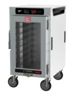 The Metro HBCN8-DC-M HotBlox is an insulated mobile holding cabinet with a glass front door revealing multiple shelves, a digital touchscreen controller, 875W power, and includes a NEMA 5-15P plug for seamless operation.