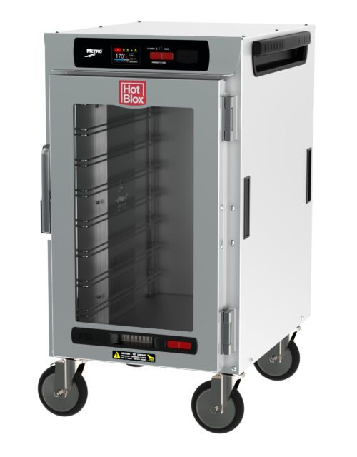 The Metro HBCN8-DC-M HotBlox is an insulated mobile holding cabinet with a glass front door revealing multiple shelves, a digital touchscreen controller, 875W power, and includes a NEMA 5-15P plug for seamless operation.