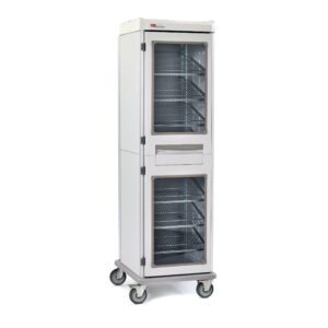 The Metro SXRS76MXD1 Starsys XD Extra Deep Mobile Supply Cabinet is a sleek, single-wide kitchen cart with clear doors and multiple wire shelves for storing and transporting food items. Its non-locking design enhances convenience, while the wheels provide easy mobility.