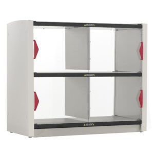 The Metro2Go PU4CD-HS1842 is a white, rectangular storage unit with two shelves, transparent side panels, and red handles. It features black top and bottom accents—a perfect 4-compartment solution for pickup and staging of takeout and delivery orders.