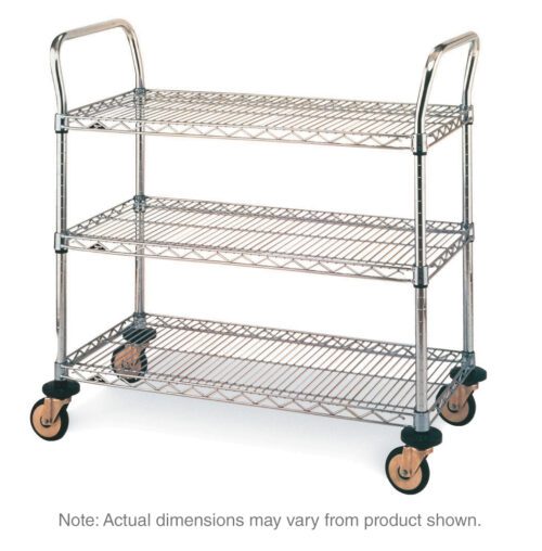 adlcvc0fsv6qhd2hzja6u6qowe42shez.jpg The Metro MW701 MW Series Utility Cart features three chrome wire mesh shelves, measures 18 x 24 x 38, and includes four large black swivel wheels with dual handlebars for easy maneuverability. Note: Actual dimensions may vary from product shown.