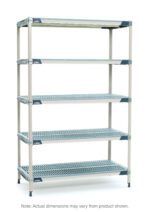 The MetroMax i 5X577GX3 is a gray, five-tier plastic industrial shelving unit with adjustable slatted shelves and blue corner accents. Its dimensions are 24 x 72 x 74, though actual size may vary.