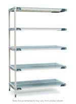 The MetroMax i 5AX527GX3 Add-On Unit features five adjustable perforated shelves and four posts, with dimensions of 24 x 30 x 74 in a sleek industrial design. Note: Actual dimensions may vary from the product shown.
