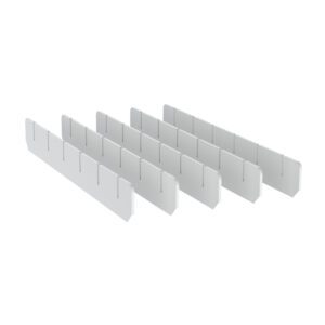 The image shows five Metro FL144 Additional Long Dividers for Flexline and Lifeline FL141, featuring a 3 egg crate style. These white rectangular dividers have evenly spaced vertical slots, forming a precise grid when assembled.