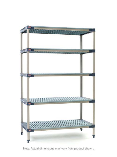 The MetroMax 4 5X447G4 Shelving Unit features five perforated shelves on robust metal poles, ideal for storage with dimensions of 21 x 42 x 74. Note: dimensions may vary from the product shown.