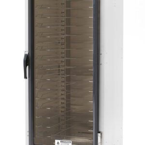 The Metro C519-HXFC-UA C5 1 Series Holding Cabinet is a tall, stainless steel, full-height unit on wheels with a transparent front, multiple wire slides, bottom control knobs and operates at 1681-2000W with 220-240V and a frequency of 50/60Hz.