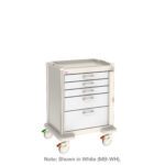 The Metro MBP3110TB Basix Plus General Use Medical Cart is a white, multi-drawer unit on four wheels with a flat top. It features five drawers with handles and has small orange and green wheel locks for safety.