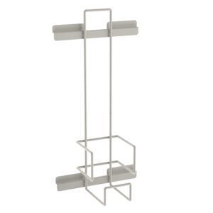 The wall-mounted metal organizer has two rectangular wire baskets ideal for shower essentials, featuring a light gray minimalist design that complements the sleek appeal of the 45 H Metro FL235 Flexline Oxygen Tank Holder for 4 diameter tanks.