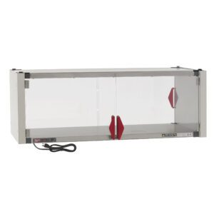 The Metro HS1848-EKIT hot enclosure kit, featuring a stainless steel heated shelf, measures 48.7 x 21.7 x 17.4. It includes transparent glass, red handles, and a black power cord for 120V operation, with warning labels to ensure safe use for displaying food items.