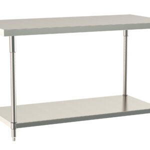 The Metro TWS2436FS-304-S TableWorx Stationary Work Table features a 24 x 36 Type 304 stainless steel work surface, legs, leg mounts, and undershelf. Its modern design is ideal for kitchens and industrial settings, combining minimalist style with durability.