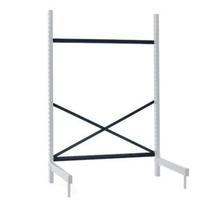 The Metro SMB24 SmartLever Cross Brace Kit, 24 includes a metal shelving frame with two vertical beams, one horizontal beam, and diagonal cross braces in black. It features a grey finish suitable for storage or industrial use. Shelves are not included.