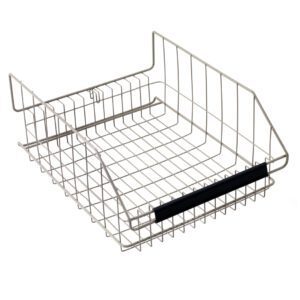 The Metro IVB1 MetroMax IV Basket with Label Holder is rectangular with an open grid design, a handle with a black grip for easy carrying, and slightly raised sides for secure storage. It sits on a plain white background, highlighting its sleek utility.