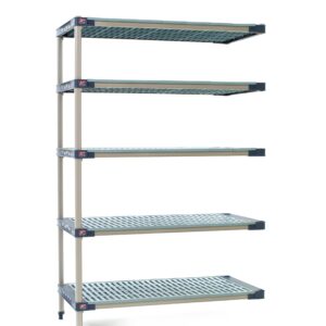 The MetroMax 4 5AX367G4 5-Shelf Plastic Industrial Shelving Add-On Unit, measuring 18 x 60 x 74, features ventilated shelves, a sturdy frame, and adjustable feet. A note advises dimensions may vary from those shown. Perfect for storage or organization.
